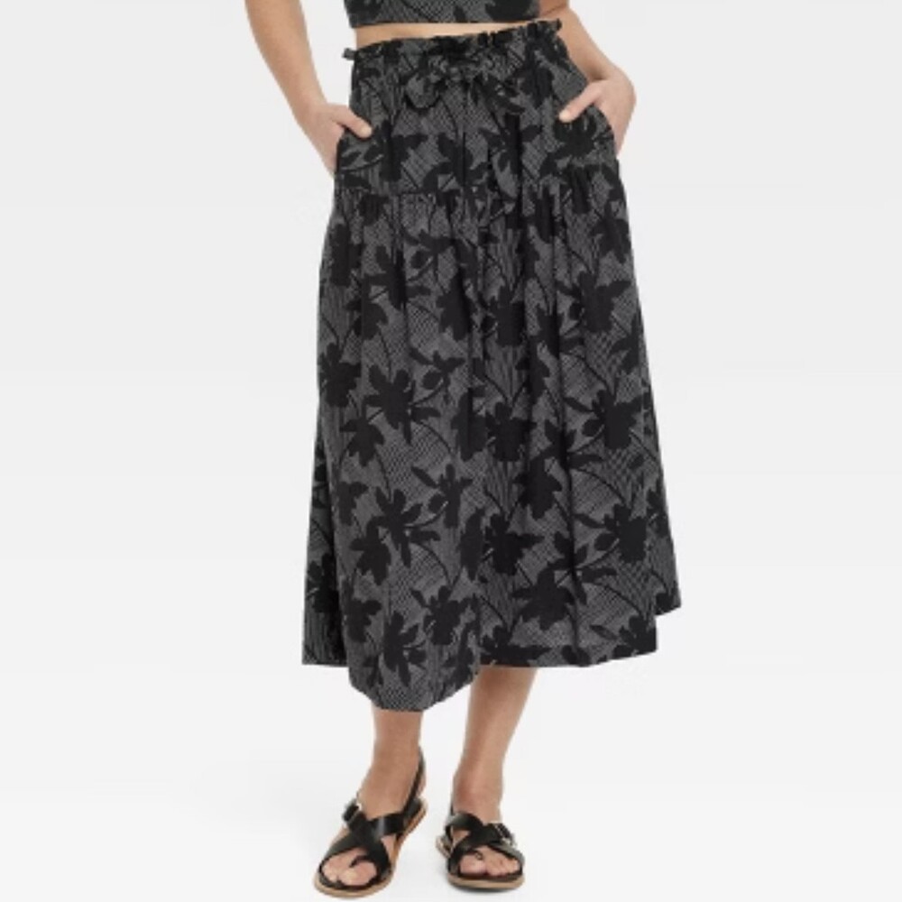 Universal Thread Linen Blend Button Front Black & White Patterned Skirt‎ Size XS